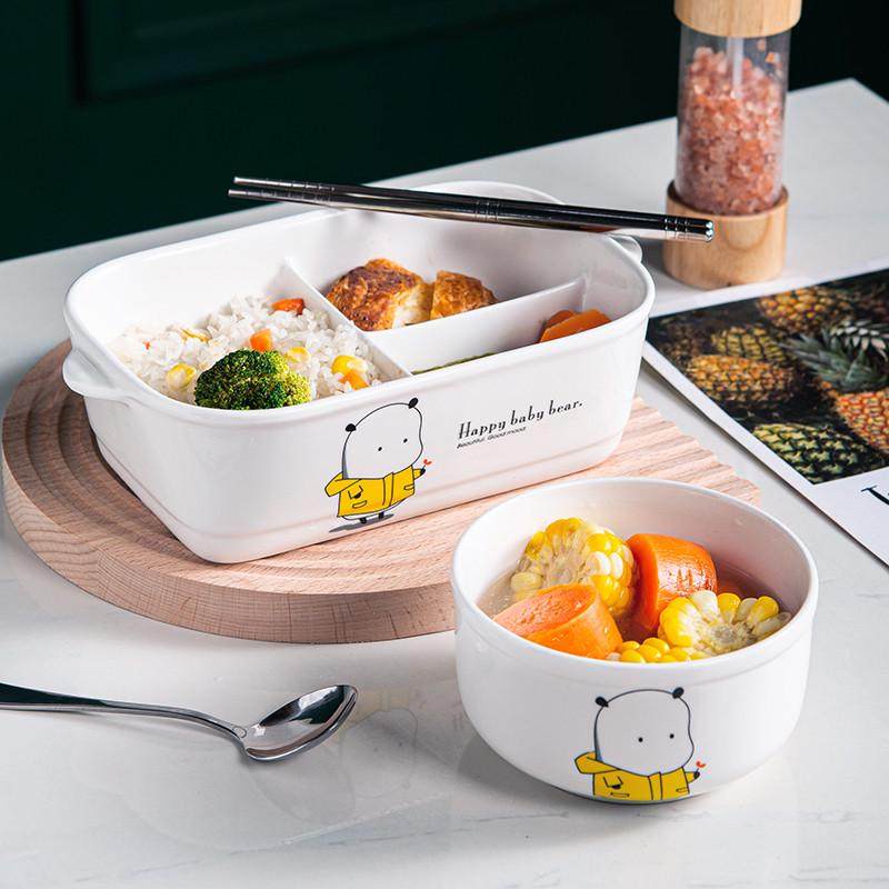 陶瓷分格饭盒上班族可微波微波炉加热专用学生日式带盖保鲜便当盒,餐饮具,保鲜盒,淘宝优惠券,粉丝福利购,淘宝优惠卷