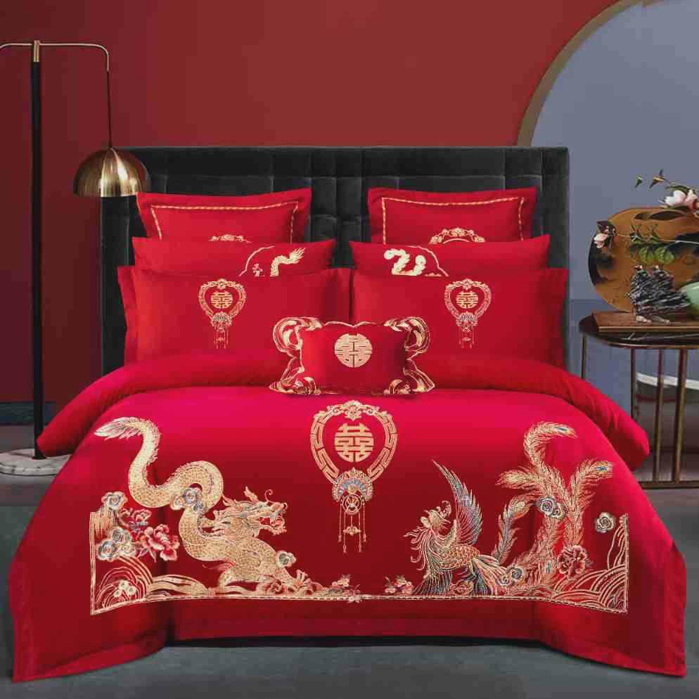 龙凤刺绣结婚长绒棉四件套红色被套全棉喜被婚房布置备婚床上用品