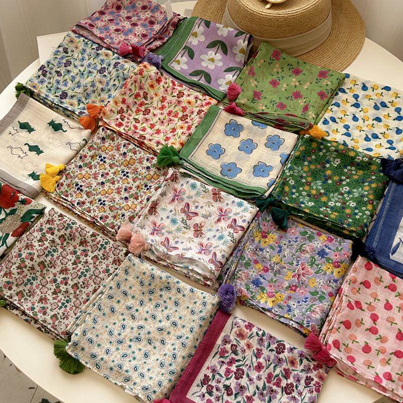 新品60cm流苏棉麻小方巾丝巾护颈柔软领巾装饰头巾碎花围巾复古小
