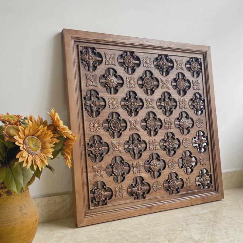 xh中国风壁挂窗中式复古实木窗框东阳木雕仿古做旧镂空花格栅老花