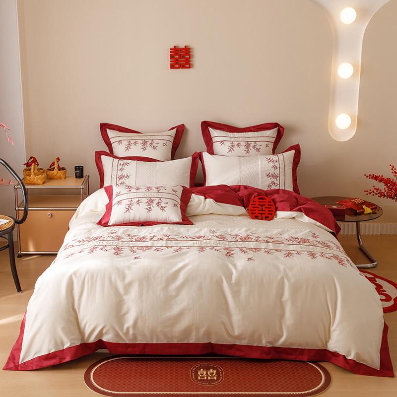 inc0婚庆60支长绒棉轻奢四件套红色字囍刺绣双人1.8米床上用