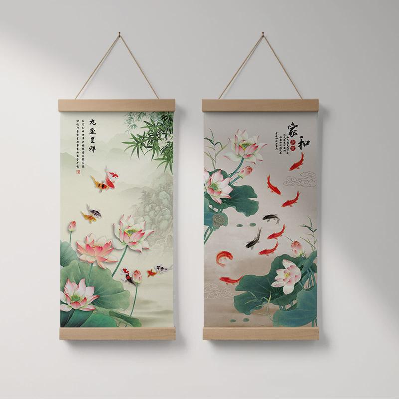 布艺聚财九鱼图挂画新中式茶室挂布墙画客厅壁画办公室装饰画荷花图片