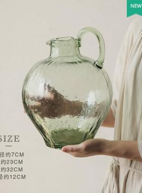 绿色单耳锤批发玻璃大肚花瓶水养客厅落地圆肚大花器摆件纹