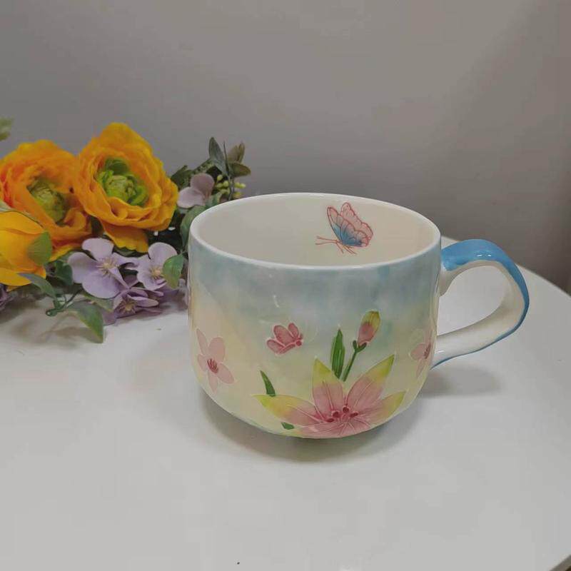 日式陶瓷杯手绘大肚杯高颜值花卉濑户烧大容量马克杯带勺办公杯子