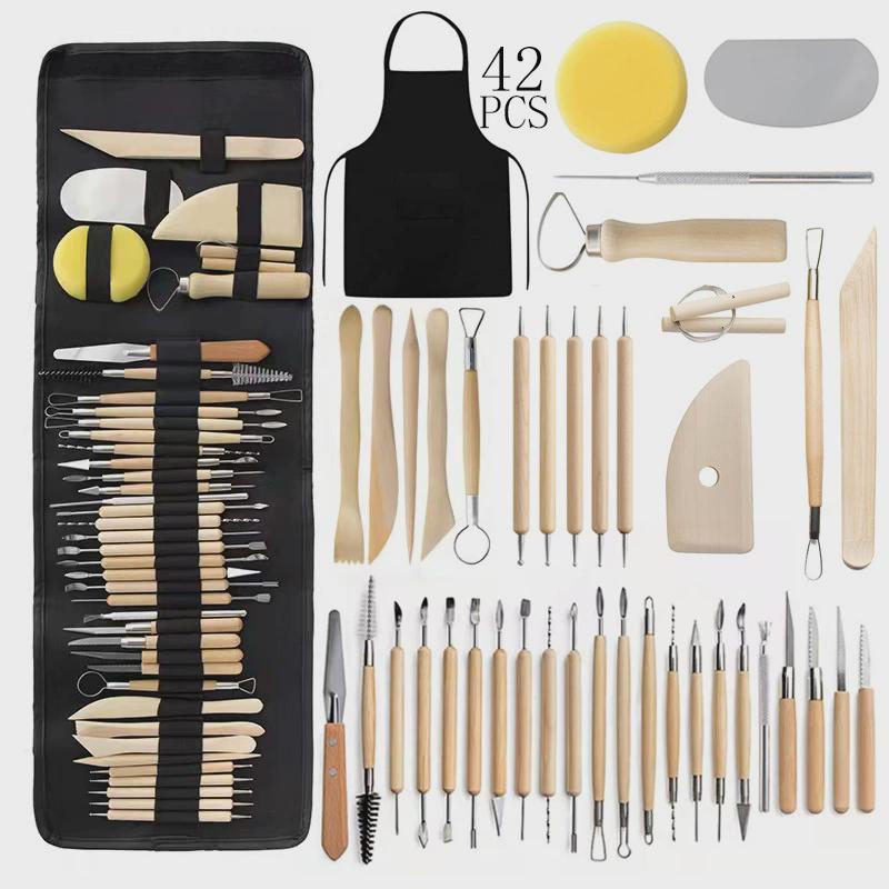 泥塑工具42件套装粘土雕刻刀围裙陶艺刮片收纳袋七本细节针
