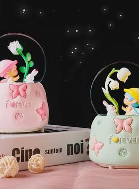 卡通花精灵水晶球八音盒飘雪儿童音乐盒可爱桌面摆件圣诞节礼物