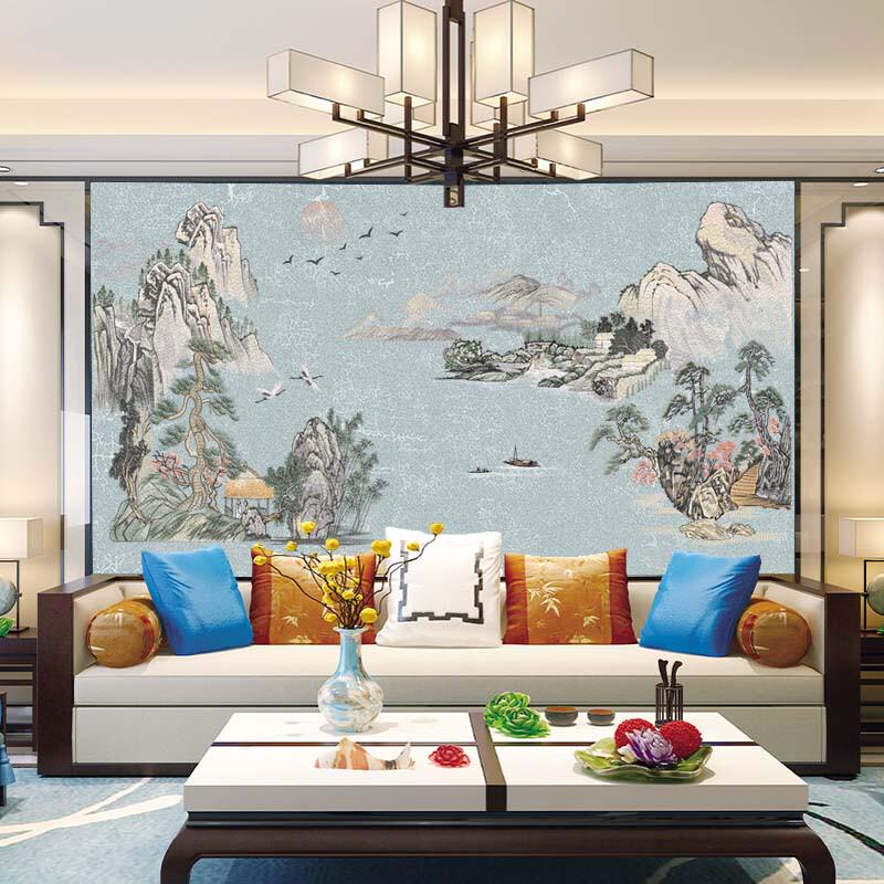 无缝高端独绣刺绣巴山蜀水山水新中式别墅客厅家用壁布定制壁画
