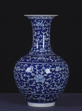 装饰品青花瓷仿古缠枝莲大花瓶2022落地瓷瓶玄关手绘插花摆件收藏