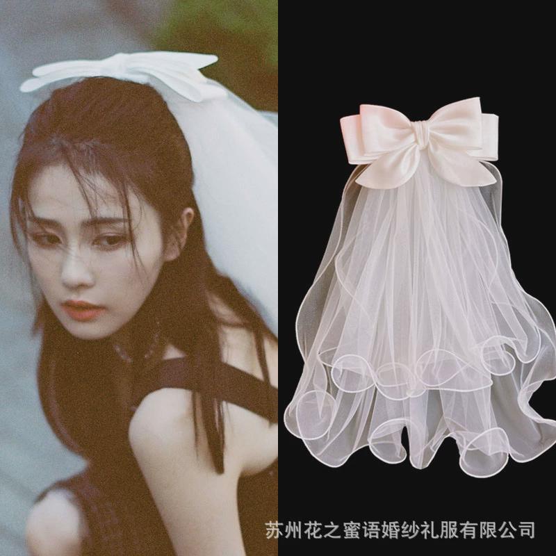 新娘法式小头纱白露同款超仙短款结婚拍照领证登记蝴蝶结蓬蓬头饰