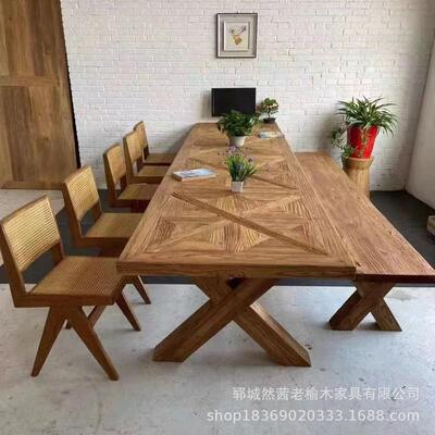 新中式老榆木拼花餐桌小户型多人位泡茶桌实木长方形餐桌椅八仙桌
