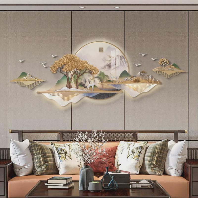 新中式客厅装饰画灯光3d立体浮雕山水带沙发背景墙挂画高档壁画