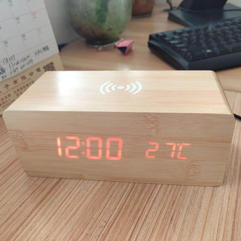 手机无线充电木头钟创意led智能钟数字电子木质闹钟时间温度日期