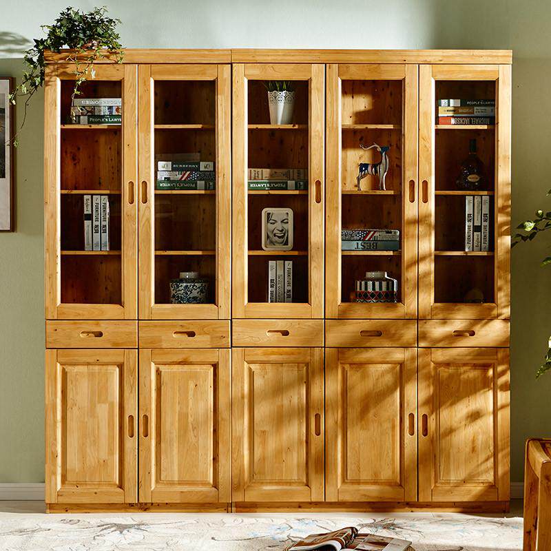 热销新款柏木书柜转角纯实木储物柜自由组合带玻璃门书架中式家具