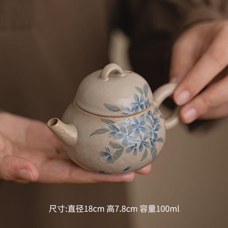 禧珮镁仿古陶瓷手绘蓝雪花泥茶壶复古细陶泡茶壶日式球孔过滤单壶