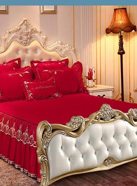 nn0i欧式无尾灰色夹棉床罩蕾丝床套有床尾床裙单件豆沙色绿色米色