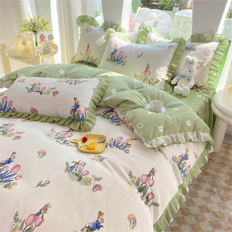 韩版花边植物羊绒床单款四件套公主风床裙被子四季被套床上用品