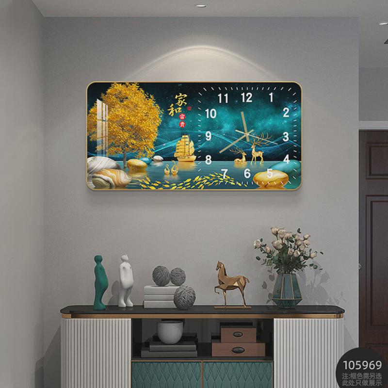 跨境挂钟装饰画横版现代简约静音时钟餐厅沙发背景墙壁画钟表挂画