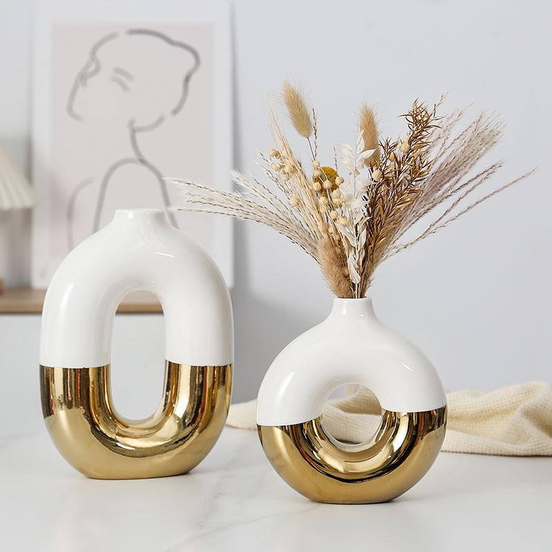 简约现代黑白金色陶瓷花瓶花器家居软装饰初月摆件电镀工艺品