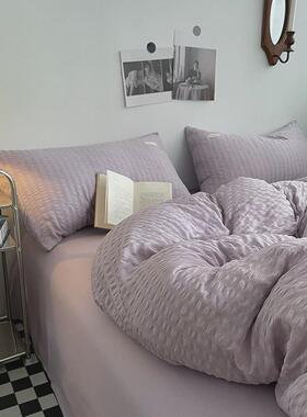 IYR7夏季薄款小泡泡水洗棉四件套浪漫紫色被套双人1.8床单宿舍三