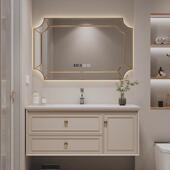 美式 轻奢橡木浴室柜岩板一体陶瓷无缝盆吊柜卫生间洗漱台洗手双盆