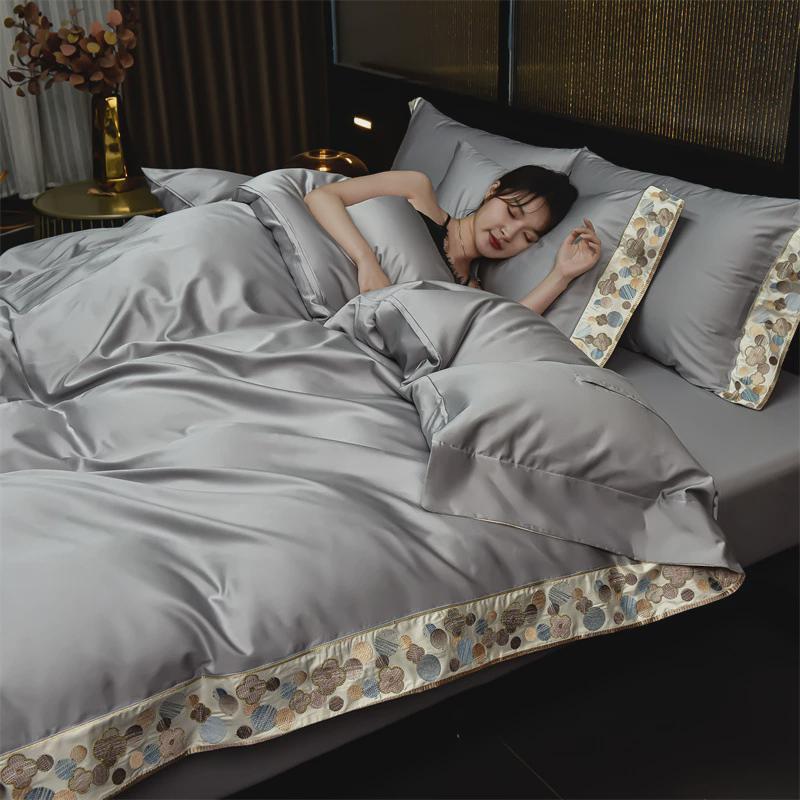 舒尊客||样板房刺绣纯棉长绒棉四件套100s澳棉被套纯色别墅轻奢床