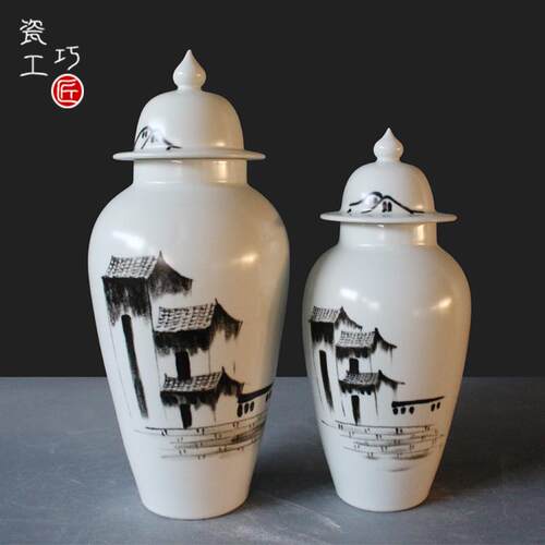 热销新中式客厅陶瓷储物罐子带盖古典水墨装饰工艺品现代玄关花瓶