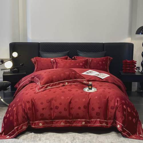 q683新中式婚庆床上用品红色提花刺绣被套床单陪嫁结婚四件套