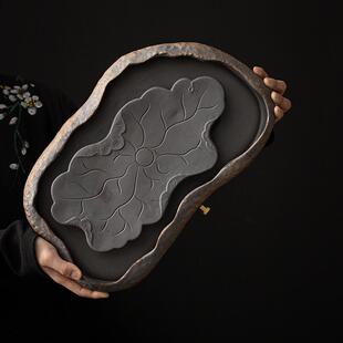 粗陶荷叶茶盘中式盘干泡复古家用功夫茶具储水式茶托盘陶瓷泡茶台