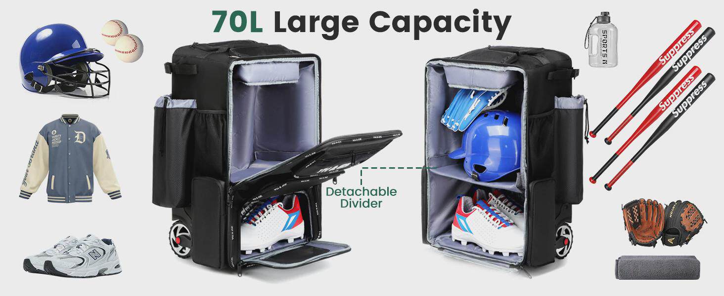 аксессуары для бейсбола 带栅栏钩的轮式垒球袋用于棒球棒和设备带鞋仓的轻型棒球拉杆箱