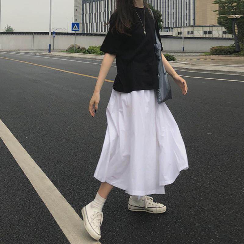 日系白色中长款a型垂感工装学院风赫本风大摆伞裙
