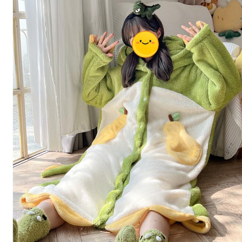珊瑚绒家居服恐龙睡衣女加厚卡通可爱情侣睡袍冬毛绒睡裙动物连体