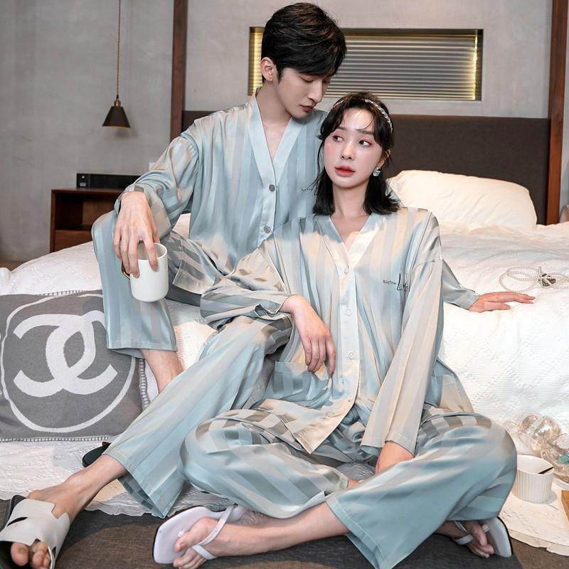 情侣睡衣女春秋冰丝薄款夏季条纹长袖开衫V领丝绸家居服男士套装,女士内衣/男士内衣/家居服,睡衣/家居服套装,淘宝优惠券,粉丝福利购,淘宝优惠卷
