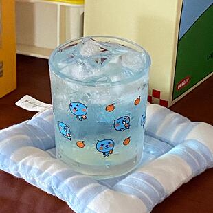 ins高透汽水杯 可爱蓝色酷儿玻璃水杯小蓝人冷饮杯早餐牛奶杯礼物