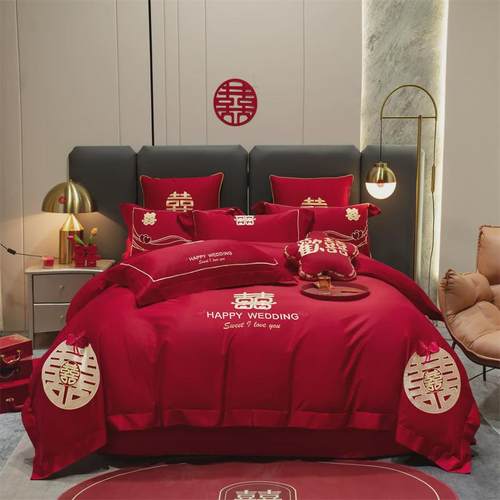 新款大红色结婚四件套备婚好物简约款磨毛六件套床单双人床上用品