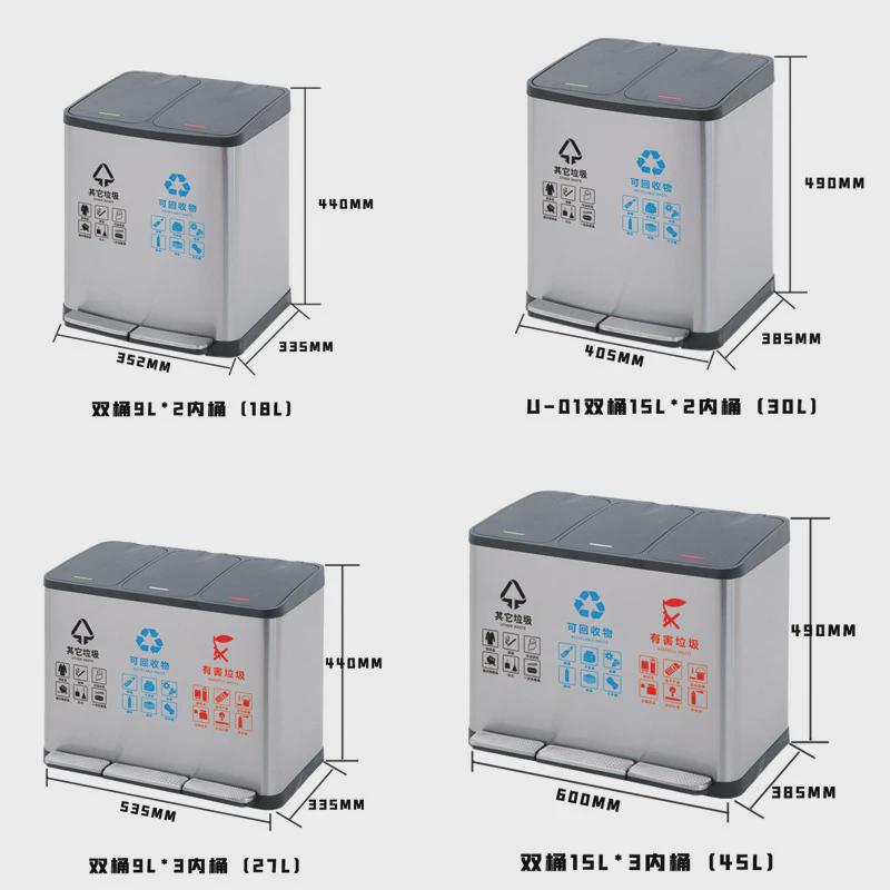 脚踏不锈钢分类垃圾桶家用干湿分离酒店厨房商场18l30l办公脚踏桶