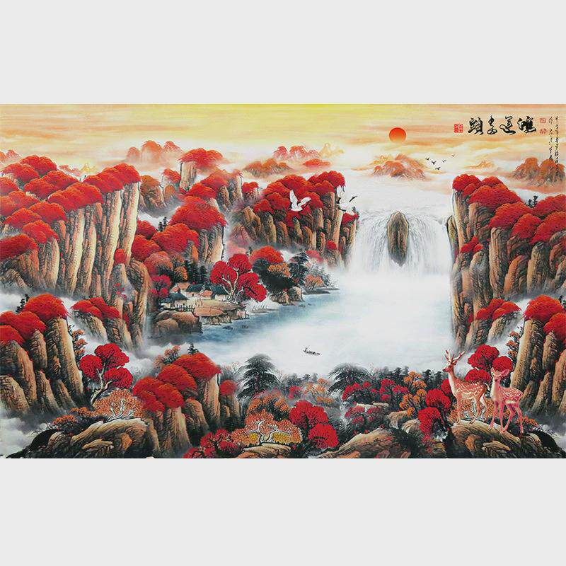 来图.中式山水电视背景墙壁画8客厅壁纸装饰墙纸大厅自粘贴画