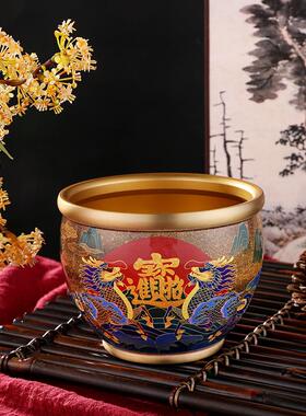 手工黄铜纯彩绘12cm米缸缸龙凤呈祥山水聚宝盆桌面工艺品铜摆件