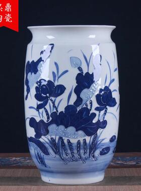 景德镇陶瓷花瓶摆件手工雕刻荷花鱼青花花插瓷瓶富贵竹水培花瓶