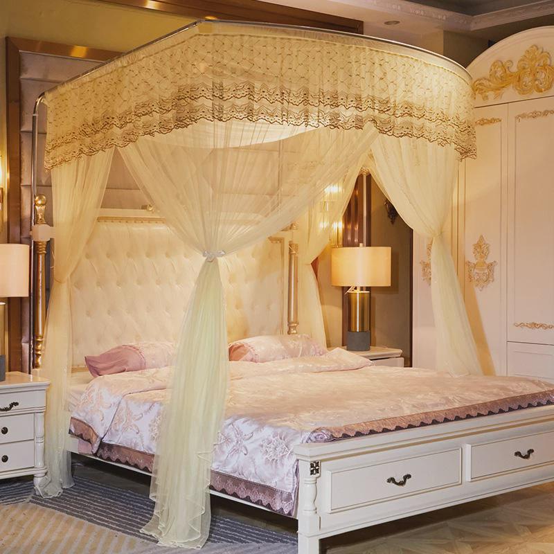 9wor伸缩蚊帐u型三开门家用落地公主风1.8m1.5m2米床加密支架加厚