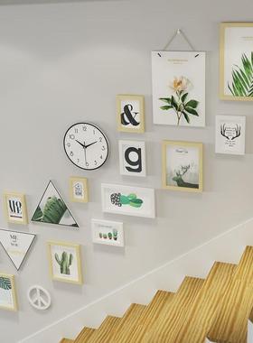 实木_7872包邮楼梯照片墙现代装饰挂画绿植相框组合换相片真钟表