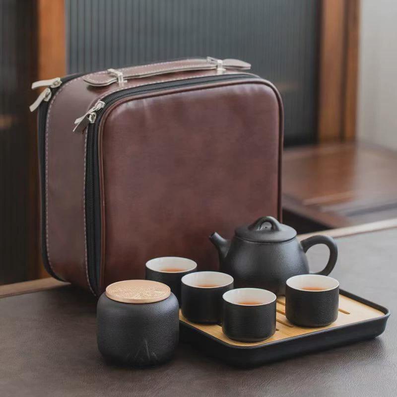 陶瓷快客杯一壶四杯茶叶罐带茶盘便携包旅行功夫茶具小套组