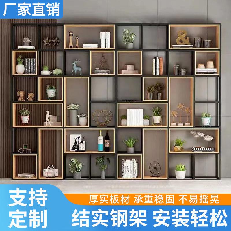 热销美式置物架办公室隔断展示架落地多层书架实木屏风客厅铁艺收