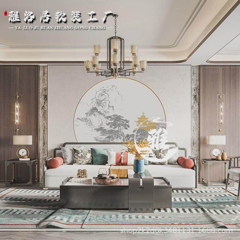 2024新中式客厅圆形茶室壁画定制刺绣山水硬包背景墙卧室床头软包