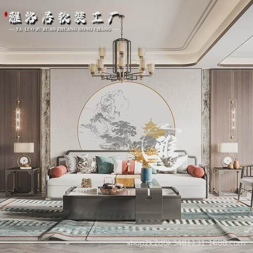 2024新中式客厅圆形茶室壁画定制刺绣山水硬包背景墙卧室床头软包