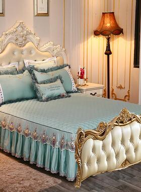 nn0i欧式有尾床裙单件夹棉床罩蕾丝床套无床尾灰色豆沙色绿色米色