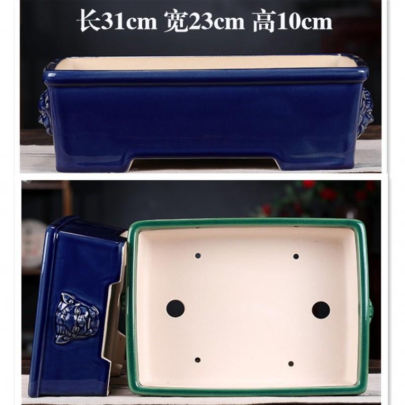 紫砂花盆长方形马槽四方盆多肉盆栽冰裂釉兽头石湾盆景花盆