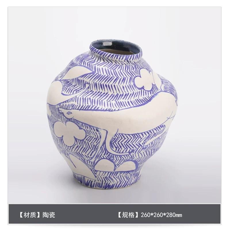 中古风手绘梦马陶瓷花瓶家居样板间青花插花器玄关餐桌装饰品摆件