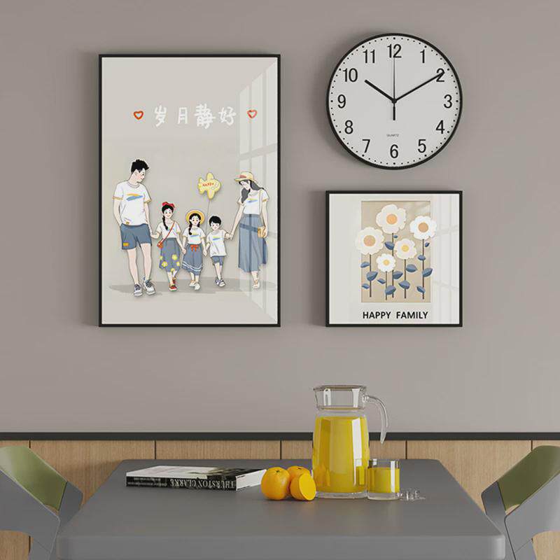 一家四口餐厅装饰画现代简约钟表背景墙挂画温馨壁画饭厅餐桌墙画