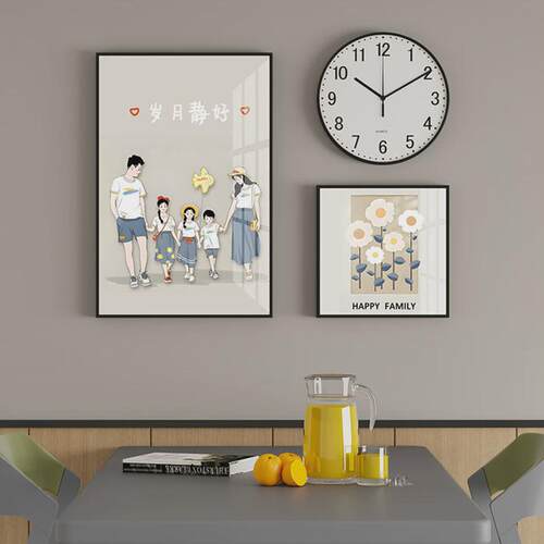 一家四口餐厅装饰画现代简约钟表背景墙挂画温馨壁画饭厅餐桌墙画