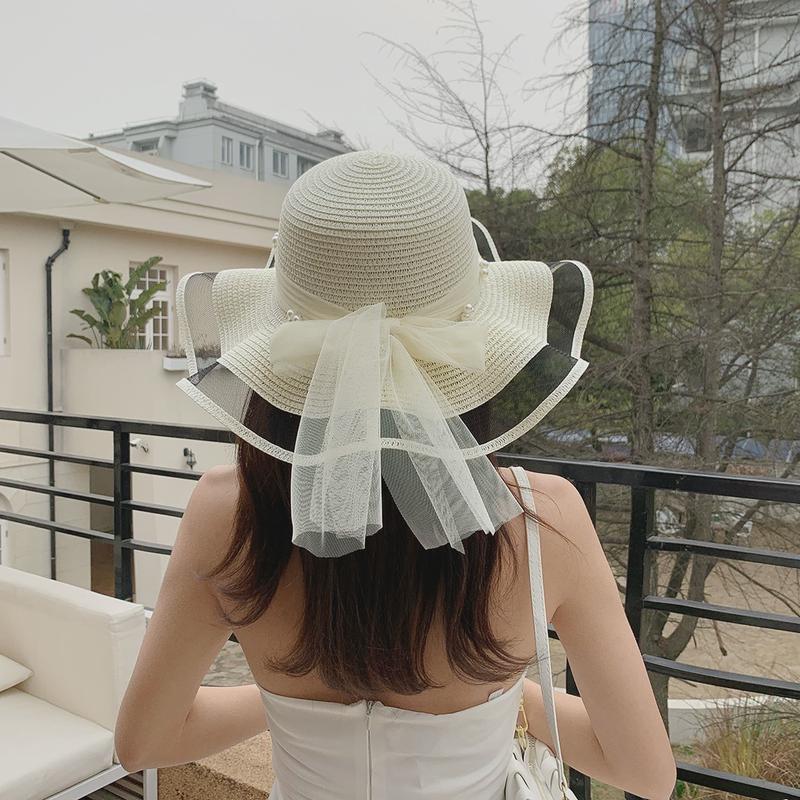夏天蝴蝶结遮阳帽女海边沙滩度假防晒帽户外大檐太阳帽甜美草帽